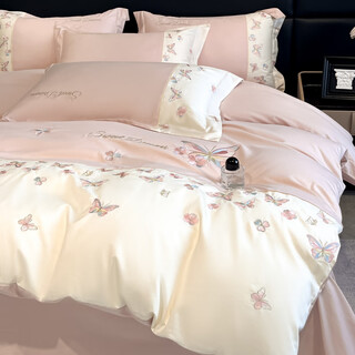 Mercury series light luxury class a 180 count long staple cotton four-piece set pure cotton butterfly embroidered quilt cover sheet bedding cream pink 1.5m sheet model (quilt cover size 200x230cm)
