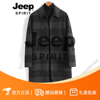 Jeep spirit new double-sided woolen coat men's fashion trend plaid wool coat loose woolen windbreaker jacket winter black and gray plaid 2024 new color l