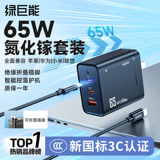 绿巨能（llano）65w氮化镓充电器笔记本电脑手机type-c线套装PD快充头适用MacBook小米华为联想苹果17电源适配器