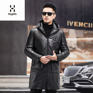 Matchstick haining leather jacket men's sheepskin mid-length casual youth hooded leather jacket men's trendy jacket winter black m