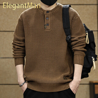 Elegantman american retro henry collar sweater for men in autumn and winter thickened loose lazy style vertical striped pullover sweater jacket khaki s _ suitable for 90-110jin jin equals 0.5 kg