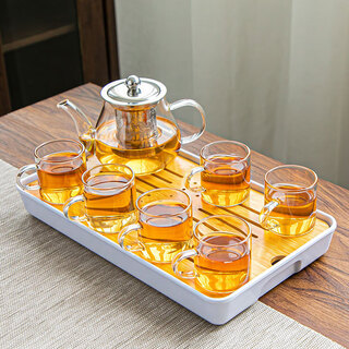 Fantasy heat resistant glass kung fu tea set home tea maker transparent tea cup with handle black camellia teapot office bajun pot + handle cup 7-piece set + rectangular plate