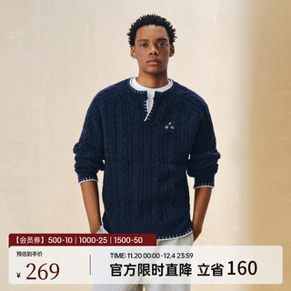 Fpa henry collar casual pullover sweater, spring and autumn retro v-neck design, high-end woolen couple knitwear, navy blue xl