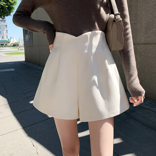 2023秋冬新款短裤女休闲阔腿裤高腰毛呢靴裤黑色时尚气质百搭裤子 杏色 S