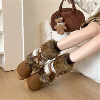 Cute lace fur ball thick-soled snow boots for women winter new style mid-length velvet thickened cotton shoes fur shoes and boots brown 37