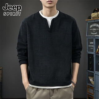 Jeep spirit high-end heavyweight european cotton velvet fake two-piece long-sleeved t-shirt for men in autumn and winter new waffle plus velvet v-neck inner henley shirt black xl