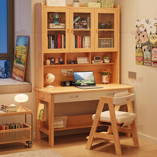 Guijiayuan all solid wood desk study table and chair desk bookcase integrated bookshelf living room desk computer bedroom writing table original white desk + back chair a length, width and height 120*60*195cm desktop thickness 2.2cm