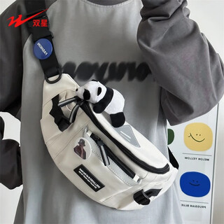 Double star messenger bag men's casual chest bag women's korean backpack trendy large capacity sports mobile phone bag white (panda pendant + badge)