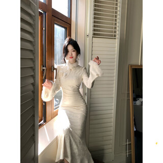 Yiou (yiou) autumn and winter cheongsam new chinese style dress rich temperament fur collar cheongsam winter new style 1379 beige regular l