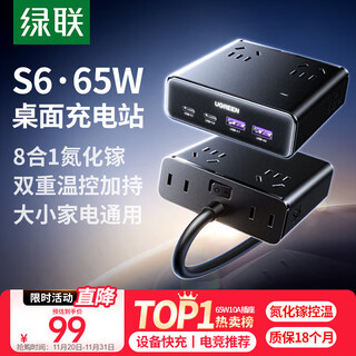 Green alliance s6 suitable for iphone17 desktop charging station plug-in strip gallium nitride 65w fast charger multi-function usb/typec socket magic box 8-hole master control 1.5 meters