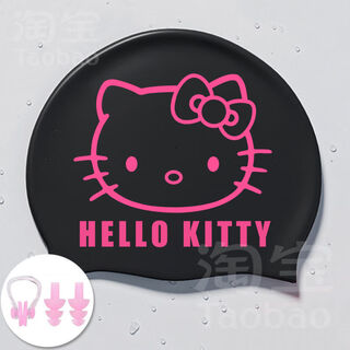 Kitty swimming cap black silicone waterproof double-sided printing plus size women's high elasticity and comfort black kitty waterproof swimming cap + nose clip earplugs