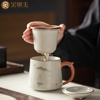 Gold inlaid jade teacher chen hongmei's hand-painted ru kiln office cup tea cup tea water separation cup personal special ceramics for men and women chen hongmei ru kiln sets sail hand-painted office cup