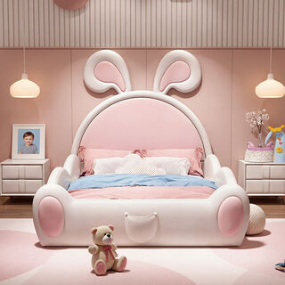 Yusenyi children's bed girl's bedroom cartoon bed simple cute children's bed fence guardrail solid wood rabbit leather bed napa leather bed + bedside table 1 1800mm2000mm belt