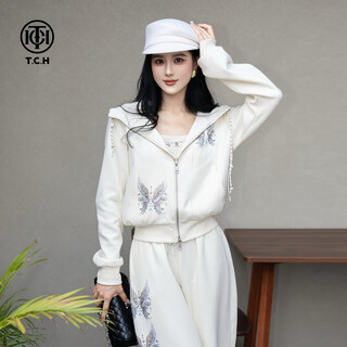 Tch light luxury trendy brand fashion hot diamond simple style versatile slim casual hooded jacket suit women t75c07e1030 beige s 95-110jin jin is equal to 0.5 kg