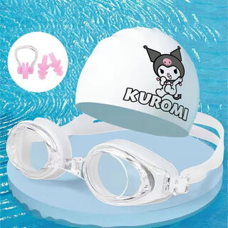 Cute little monster silicone swimming cap for women with long hair, waterproof, oversized, high-elasticity and good-looking swimming cap set, kuromi swimming cap + white anti-fog swimming goggles + pink nose clip earplugs