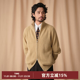 Cultum winter thickened 100% wool cardigan turtleneck sweater men's top double zipper coat sweater gold beige l