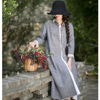 2025 spring and autumn literary loose plus size women's long single-breasted striped thin coat cotton and linen shirt dress gray blue m size (recommended 95-120 jin jin equals 0.5 kg