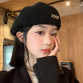 Duanxiangyu woolen beret women's hat autumn and winter fashionable newsboy hat 2025 new korean style versatile forward hat xxx metal label black woolen beret two-wear style one size