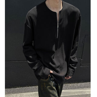 Jingyan selects men's waffle half-zip sweatshirt t-shirt men's autumn trendy american long-sleeved henley shirt fitness black s s85 to 95jin jin is equal to 0.5 kg and can be worn