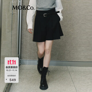 Mo&co. casual pants spring and autumn sheep wool worsted mid-low rise loose a-line pleated black shorts (with belt) black s