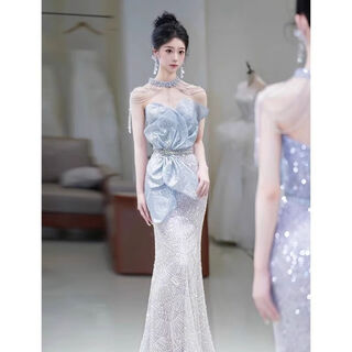 Mermaid evening dress for women 2025 new high-end engagement high-end light luxury niche french wedding toast dress light blue (no necklace) s