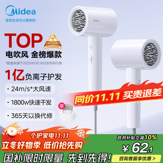 Midea 100 million negative ion hair dryer, hair care hair dryer, high power hair dryer, national subsidy for home appliances fj208-polar white 1800w holiday/birthday gift recommendation