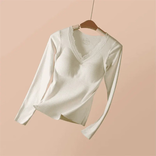 Imprint thermal underwear for women, new autumn and winter home wear set with built-in bra padding, wool women's bottoming shirt, champagne single piece/top (german velvet heating + silk moisturizing) l (weight 110-125 jin jin equals 0.5 kg)