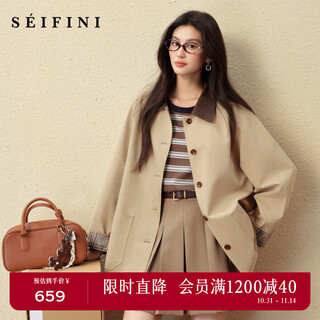 Shifanli classic barn style contrast color lapel windbreaker 2025 autumn new style british style loose casual jacket women light khaki m