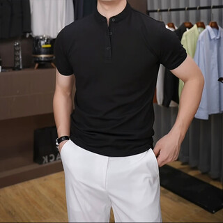 Chuangbing fresh chinese style stand collar men's ice silk short-sleeved polo shirt summer thin high-end casual henley shirt slim t-shirt black stand-up collar polo short-sleeved m recommended 90-105jin jin equals 0.5 kg