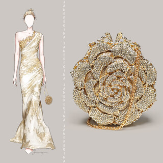 Janeregina jane regina light luxury diamond clutch gold flower shiny small bag matching evening cheongsam dress mini small clutch gold metal twist long chain + hand chain