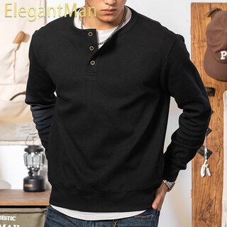 Elegantman black 350g heavyweight henley collar sweatshirt men's 2025 winter season american retro henley shirt bottoming long sleeve black m