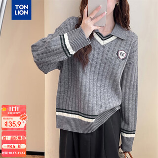 Tonlion 2025 autumn and winter retro college style lapel design pullover women's medium gray s