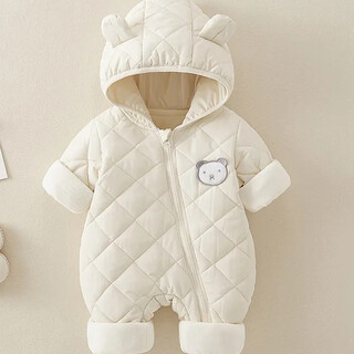 Guiqi infant and young children's thin velvet outdoor clothing, spring, autumn and winter hooded warm jumpsuit, thickened baby coat, bodysuit, hooded clothing, autumn and winter outdoor clothing, off-white 100cm