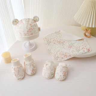 Mofan bear newborn hats and socks 4-piece set baby fetal caps 0-3 months autumn and winter boneless anti-scratch gloves baby socks newborn gift flower newborn four-piece set