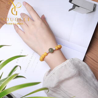 Yogurt natural beeswax bracelet chicken fat yellow hetian jade carved lotus transfer beads national style amber bracelet women's gift beads 8mm