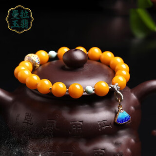 Manla jade pei natural full honey chicken fat yellow old beeswax round bead bracelet with turquoise cloisonné beeswax bracelet for women style 1
