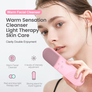硅胶洁面仪光疗导入仪去黑头电动超声波洗脸刷面部美容厂红蓝光疗 粉色