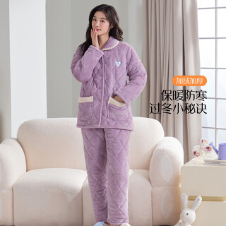 Sweet lady, three-layer quilted and thickened, long-sleeved cardigan that can be worn outside in warm winter, women's home wear, cotton warm pajamas set 24403001 purple xl