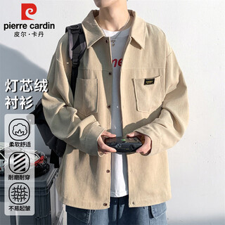 Pierre cardin long-sleeved shirt men's autumn and winter corduroy japanese style workwear thin jacket men's trendy retro shirt apricot xl