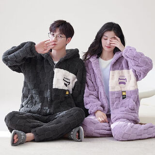 Victoria's style new autumn and winter thickened flannel couple pajamas for one man and one woman for women warm coral velvet home wear set 152 couple m female + male l