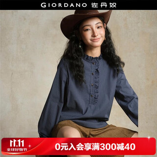Giordano designer loose miu style college style lace stand collar plaid shirt women's long sleeve 18345614
