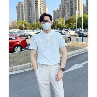 Chuangbing qingqing mature style white henley collar short sleeve t-shirt men's summer thin new chinese style stand collar casual polo shirt half sleeve white stand collar polo short sleeve m recommendation 90-105 jin jin equals 0.5 kg