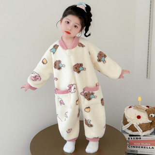 Langsha girls one-piece pajamas autumn and winter baby girl baby anti-cold sleeping bag romper children's winter coral velvet home clothes off-white m 80cm