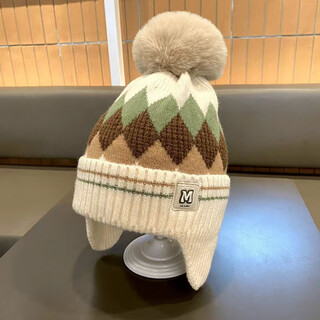 Wen xiaoying (hello ying) winter children's warm hat autumn and winter rhombus windproof ear protection hat for boys and girls baby knitted thickened woolen hat children's knitted rhombus m-beige
