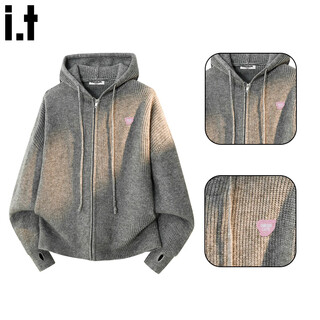 Chocoolate it women's classic korean style casual zipper hooded wool sweater women's autumn and winter loose sweater cardigan jacket gray l