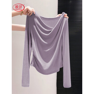 Langsha french irregular swing collar long sleeve t-shirt women's slim pleated one-line collar off-the-shoulder bottoming top purple l