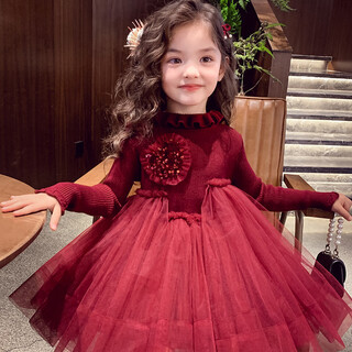 Mimihello mimihello girls dress winter 2025 new style children's bottoming knitted sweater dress little girl mesh princess dress burgundy 130