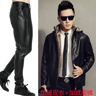 GOYN骑行机车服摩托车皮夹克男士皮衣皮裤套装男工作加绒加厚一套冬季 黑色_修身皮裤带帽皮衣 加绒 M 皮衣皮裤29码