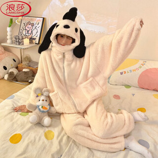 Langsha ugly fish pajamas for women winter coral velvet cute cartoon sweet hooded home clothes can be weared outside large size student suit 26007#pacha dog 2xl