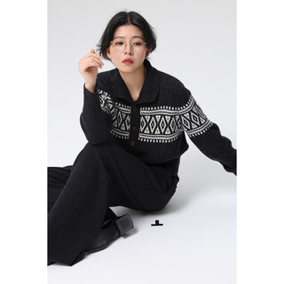 Xingshi wethee 100 sheep wool medium thick fair isle cardigan sweater college style high collar multi-button women's sweater dark gray m